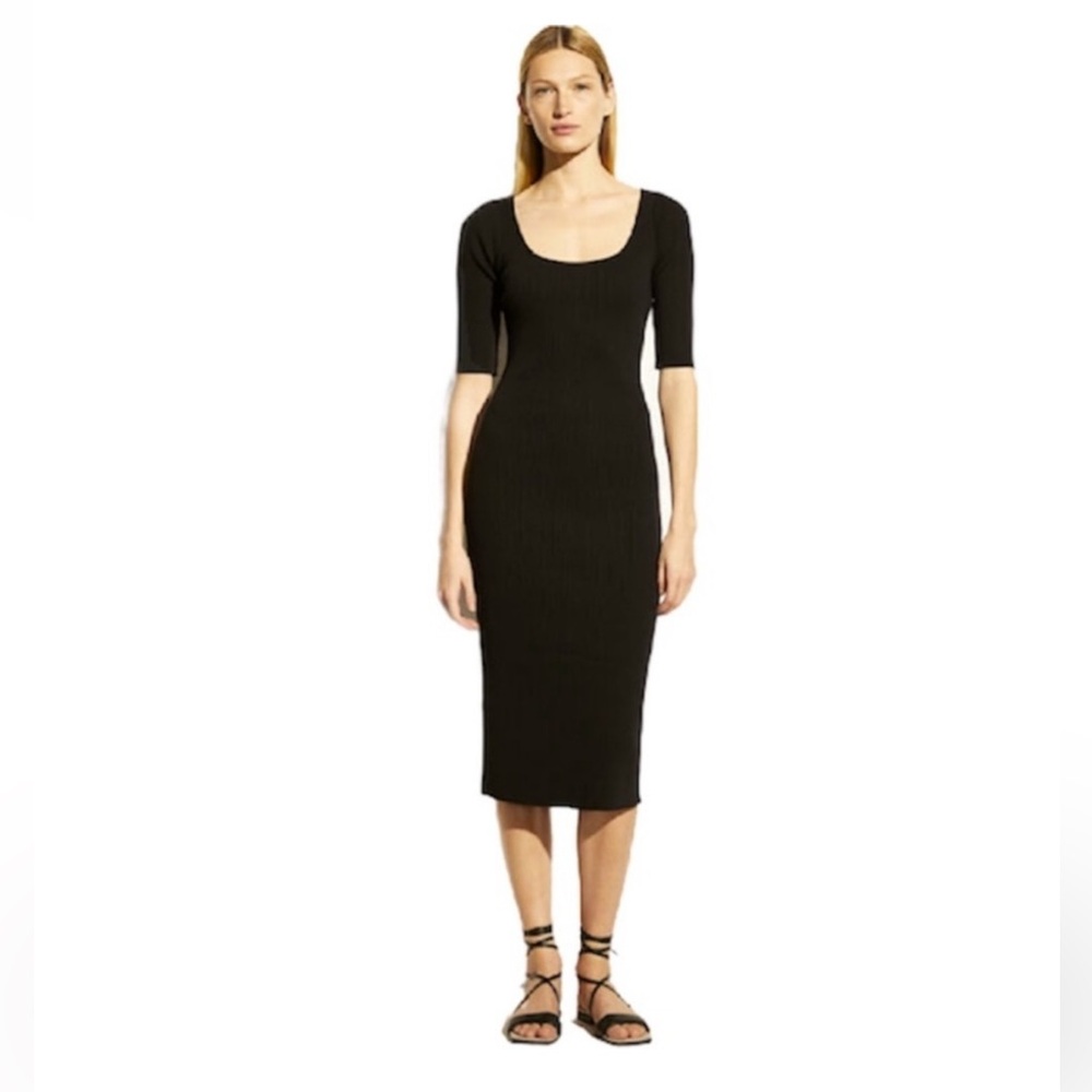 Vince. Ribbed black Bodycon LBD midi dress scoop neck small like new